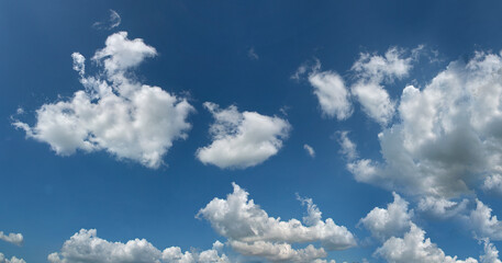 Banner Tropical summer blue sky fluffy white cloud summertime on light sunny day cloudscape. Panoramic Clear bright blue skyline spring sunlight climate background. Heaven blue ecology for web banner