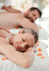 Wellness, beauty and couple massage at spa for health and relax in zen resort, peaceful and happy....