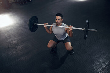 Barbell exercise, gym man and sports training, workout and fitness of heavy weights press in health...