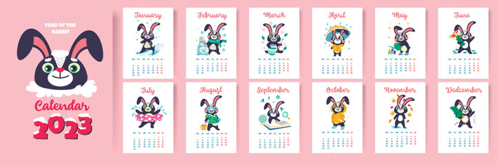 Fototapeta na wymiar Calendar for 2023, year of rabbit, months and days