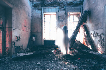 Scary ghost woman in haunted house