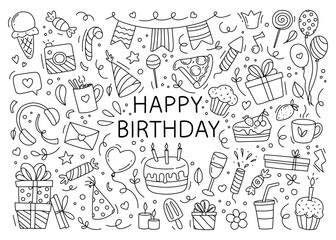 Happy birthday doodle set. Hand drawn vector illustration isolated on white background.