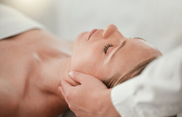 Spa, woman head massage and calm skincare treatment of a woman feeling relax and peace. Wellness,...