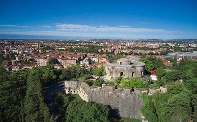 Obraz premium Panorama top view of the historic part of the city of Verona. Morning aerial view of Verona Italy. Aerial view of Forte Sofia in Verona, Italy.
