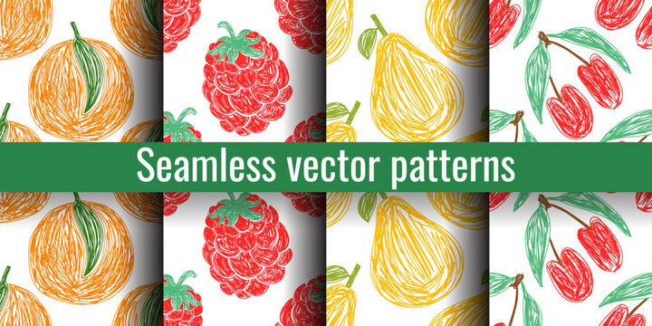 Orange, raspberry, pear and cherry fruit sketch. Seamless pattern set. Hand drawn vector illustration. Pen or marker fruits