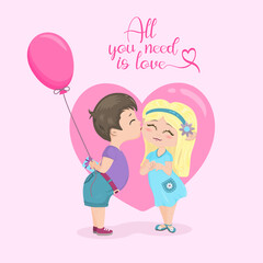 Cartoon little boy with a balloon and a gift kisses a blonde girl. Illustration for a postcard, posters, gift boxes and seasonal design on a pink background with a heart.