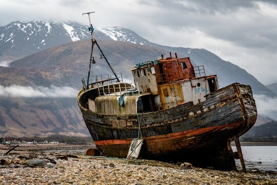 Old boat of Caol, Corpach Shipwreck in the Scottish Highlands, UK