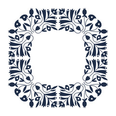 Black and white floral retro frame. Square shape template with empty space for text. Vintage border for greeting card and invitations. Simple flowers and leaves placed in a circle