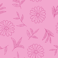 chamomile and tea leaves seamless pattern hand drawn in doodle style. vector, minimalism, monochrome, scandinavian. wallpaper, wrapping paper, textiles, background.