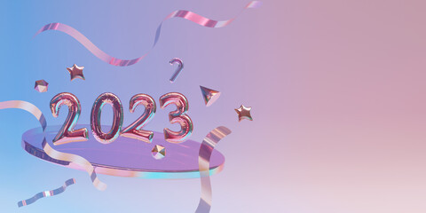 Holographic 2023 Happy New Year. 3d rendering, banner, flyer, layout design