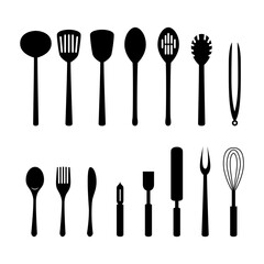 Icon Cooking utensil set of tools. Vector Kitchen tools black isolated vector icons. Slotted turner, spoon, knives, whisk, pasta server icons.