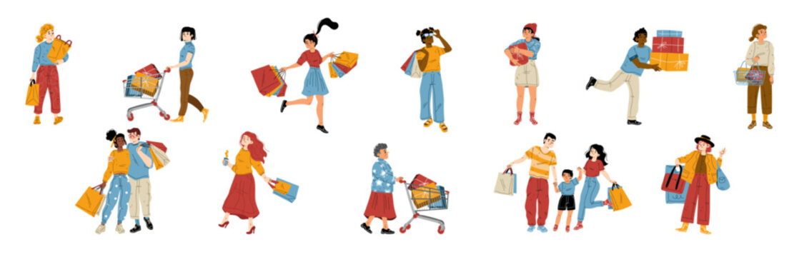 People shopping in store, mall or market. Diverse characters with bags, cart and package boxes, family with kid, couple, elder woman, men and girls with purchases, vector hand drawn illustration