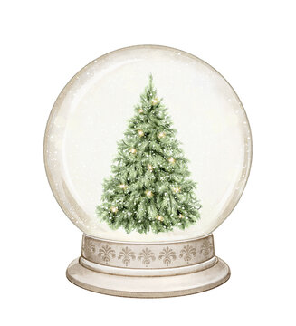 Watercolor vintage green classic Christmas tree with garland in snow globe isolated on white background. Hand drawn illustration sketch