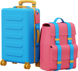 Travel suitcase on wheels and travel backpack. PNG icon on transparent background. 3D rendering.