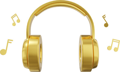 Wireless headphones and flying music notes front view. Gold PNG icon on a transparent background. 3D rendering.
