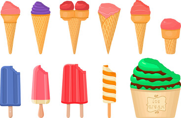 big kit ice cream popsicle different types in cone waffle cup