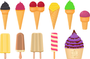 big kit ice cream popsicle different types in cone waffle cup