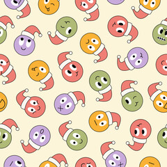 Christmas seamless pattern with round abstract comic faces with various emotions. Different colorful characters. Trendy retro background in style 60s, 70s. Pastel colors. Vector illustration. 
