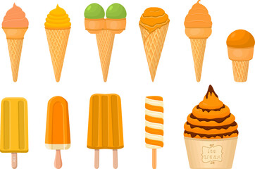 big kit ice cream popsicle different types in cone waffle cup