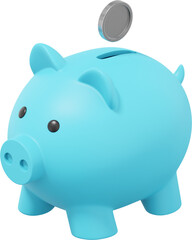 Blue piggy bank, dropping coins. PNG icon on transparent background. 3D rendering.