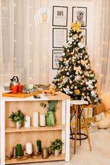 Kitchen table with Christmas decor. New Year