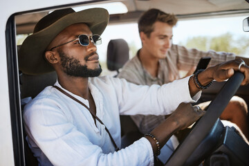 Travel, road trip and men driving with smartphone for online guide or direction in countryside holiday, journey and a vacation summer. Black man, friends or couple drive in car or van with 5g network