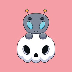 Fototapeta premium cute skull alien halloween cartoon mascot doodle art hand drawn concept vector kawaii icon illustration