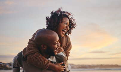 Black couple, travel and beach fun while laughing on sunset nature adventure and summer vacation or...