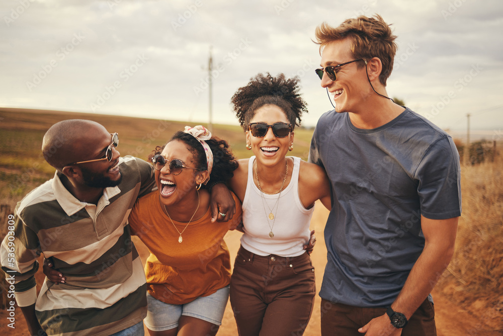 Poster Diversity, friends and on countryside holiday smile, relax and happy together on dirt road trip. Group excited, on adventure and travelling to celebrate summer vacation, have casual talk and laugh.