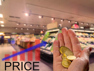 Hand with coins and graphic with up arrow and price in focus. Food store or supermarket out of...
