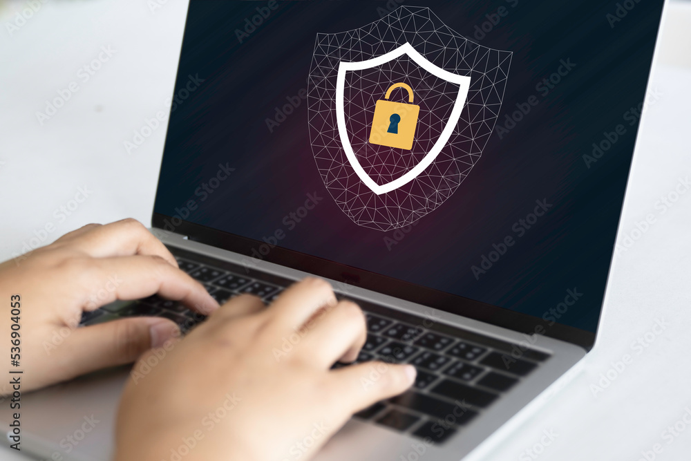 Poster laptop computer with technology cybersecurity and privacy concept. protection and safe data for glob