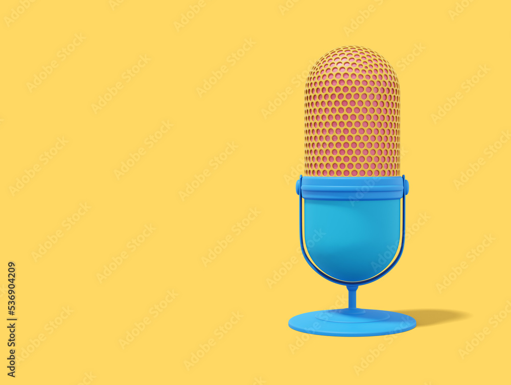 Poster modern microphone. realistic multicolored icon on yellow background with space for text. 3d renderin