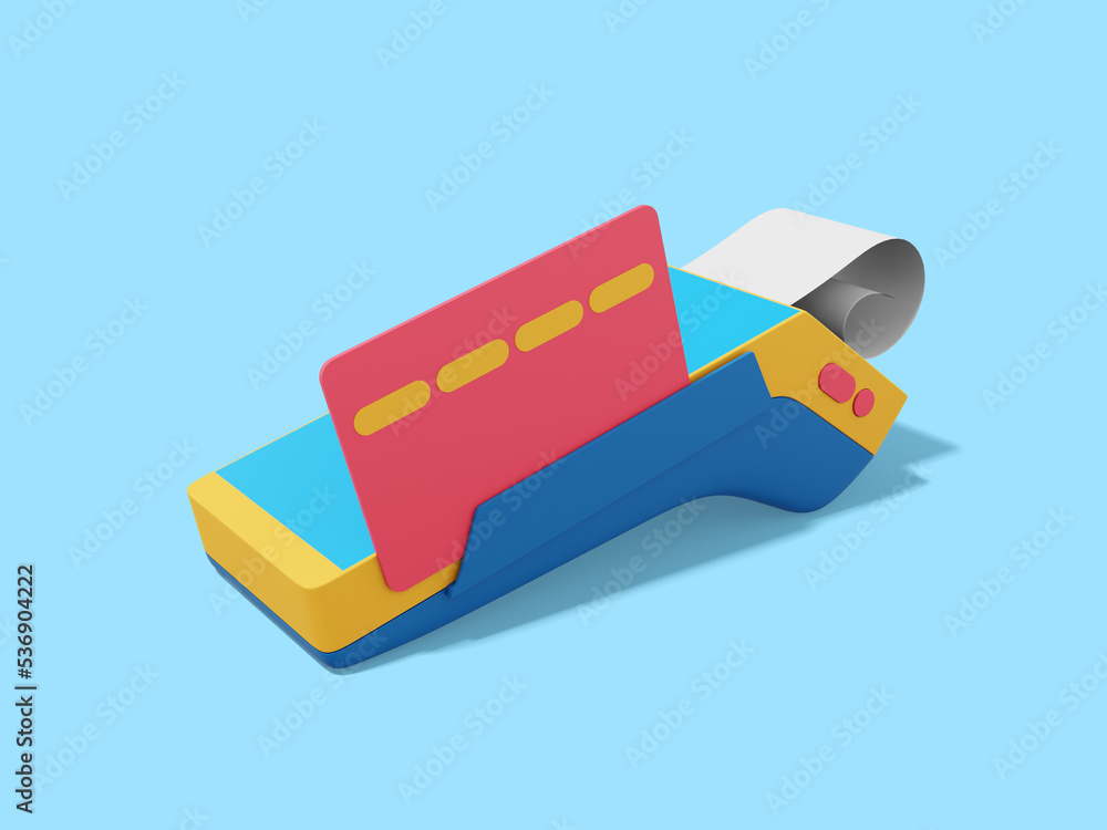 Aufkleber device for nfc pay. colorful pos terminal with credit card and check. modern machine for cashless pa
