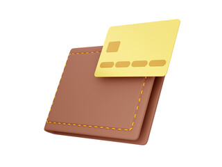 Closed wallet with credit card on white background. Icon savings, enrichment. Payment concept. 3d rendering.