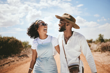 Couple, travel and happy outdoor road trip of black people enjoying nature with love. Happiness of...