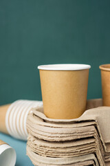 Eco friendly,take away disposable cup kraft paper and tray on green background.food packaging