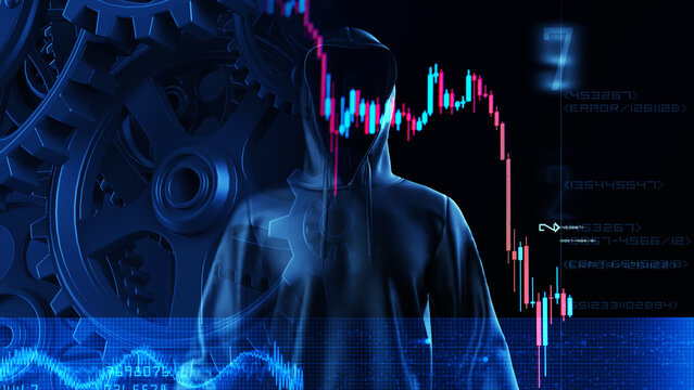 Anonimous hacker with black hoodie and mechanism black metallic gears and cogs at work with candle stick graph chart under blue lighting. Concept 3D CG of financial crime and market manipulation.