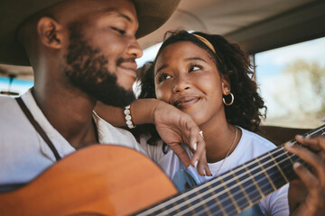Road trip, guitar and black couple enjoy freedom music on adventure drive and travel on summer vacation having romantic song moment. Love of man and woman with instrument on motor transport getaway