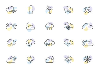 Modern weather icon set. Contour collection of meteorological symbols. ontains symbols of the sun, clouds, snowflakes, wind, moon and more. Set of weather icons in thin line style. Vector
