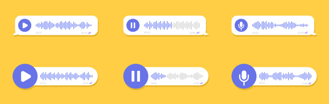 Voice messages icon set. Voice assistant. Voice chat logo. Audio message, event notification. Message bubble for social media. Audio record concept. Vector illustration.
