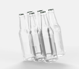 Clear bottles in plastic wrap, six soda or beer blank glass angle view. Realistic mockup of empty drink bottles with metal cap in transparent pack isolated on white background