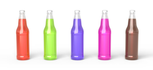 Clear glass bottles with different soft drinks soda, cola and lemonade. Realistic set of fizzy beverages with red, green, purple, pink and brown liquid or water on white background