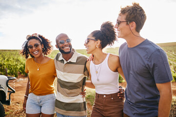 Summer, adventure and portrait of friends in nature on holiday, enjoying roadtrip. Vacation,...