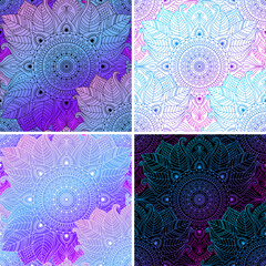 Seamless patterns with oriental lace floral pattern and circular ornaments mandala, blue and pink gradient, psychedelic background