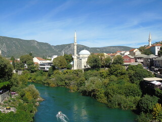 Neretva River and Mosque in Mostar Bosnia