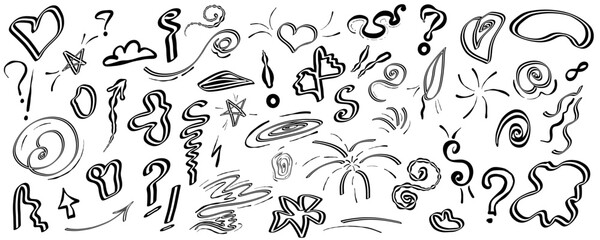 Doodle swish in sketch style. Simple line drawing. Hand drawn scribble set. Hand drawn graffiti doodle with questoins, arrow, heart and line scribble.