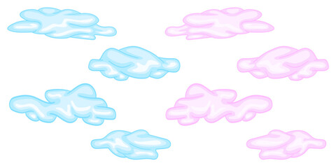 Clouds fluffy soft pink, blue. Symbol of weather, climate, nature. Round shape, cartoon style. Decoration element for background, print, children's products.