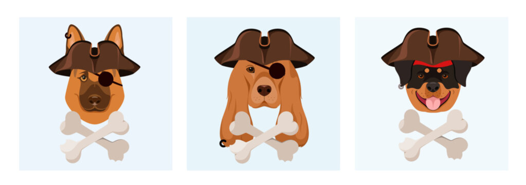 A set of funny pirate dogs. Cute pets. Cartoon design.
