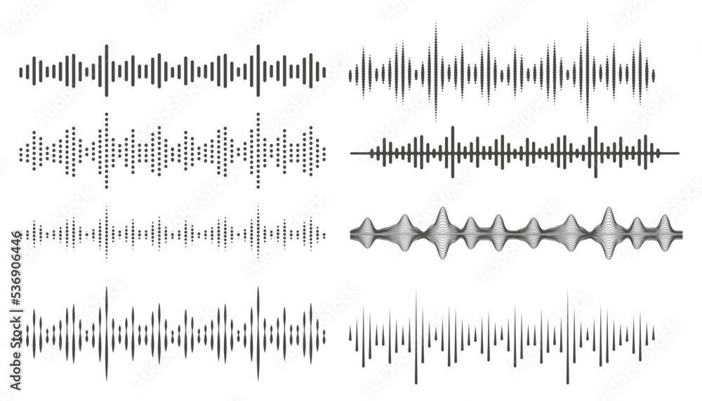 Poster audio waves in abstract style. audio and voice frequency lines. volume equalizer symbols. vector set