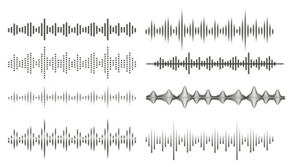 Audio waves in abstract style. Audio and voice frequency lines. Volume equalizer symbols. Vector set on white background.